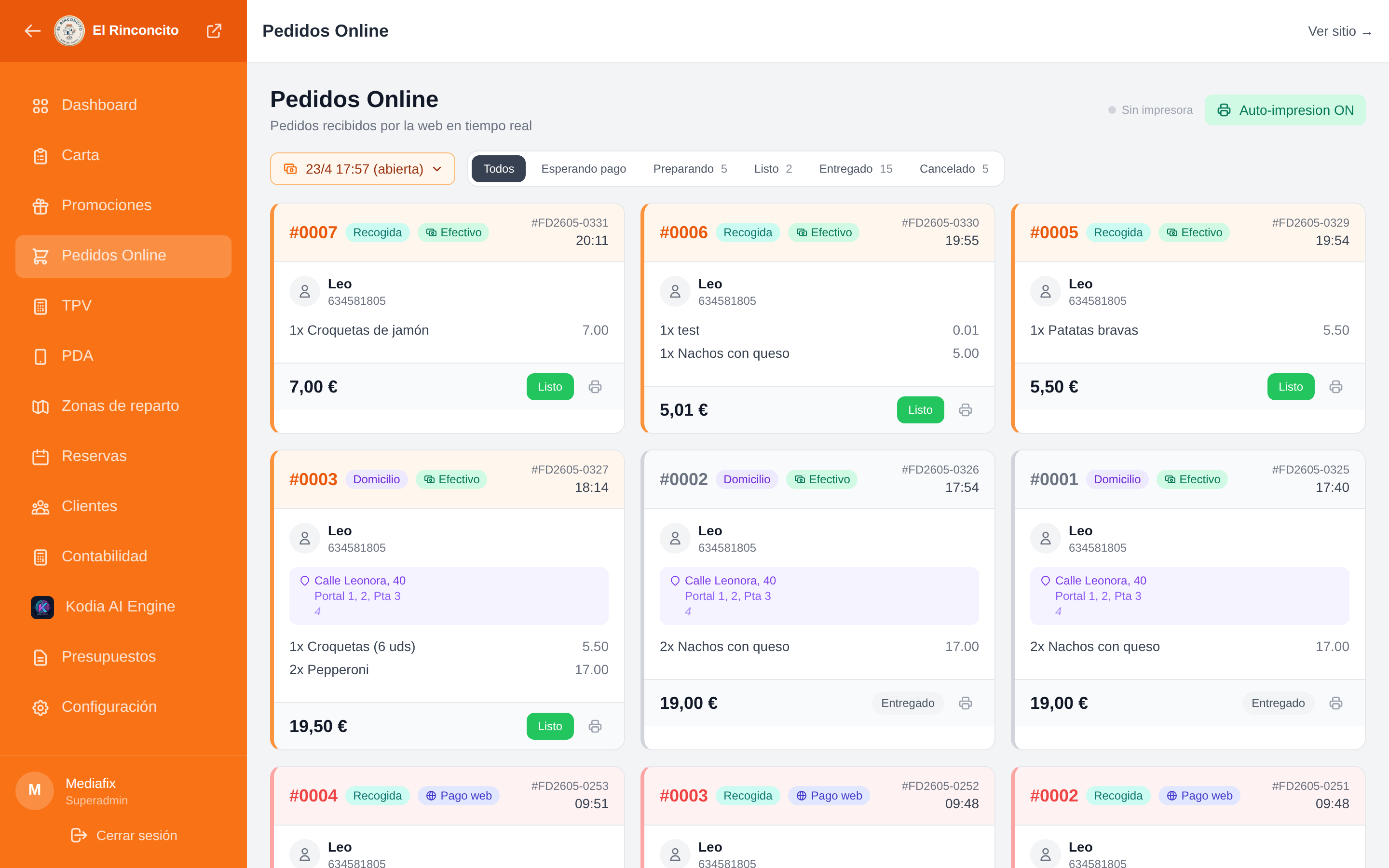 Pedidos online en tiempo real