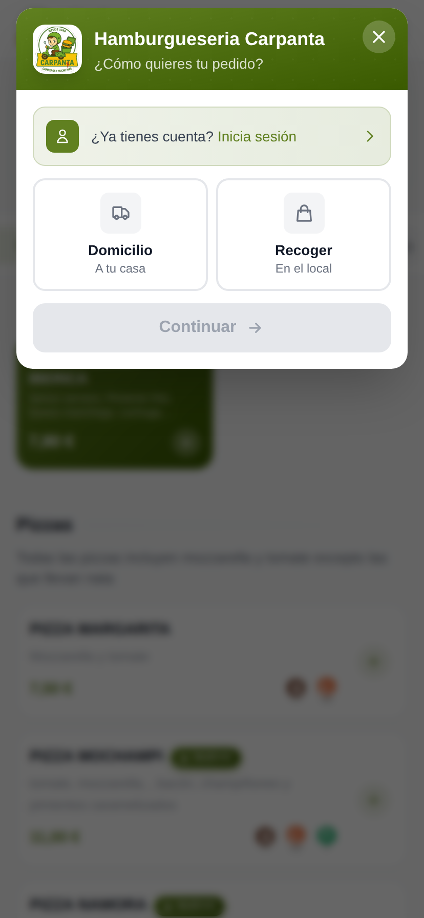 Elige recogida o domicilio
